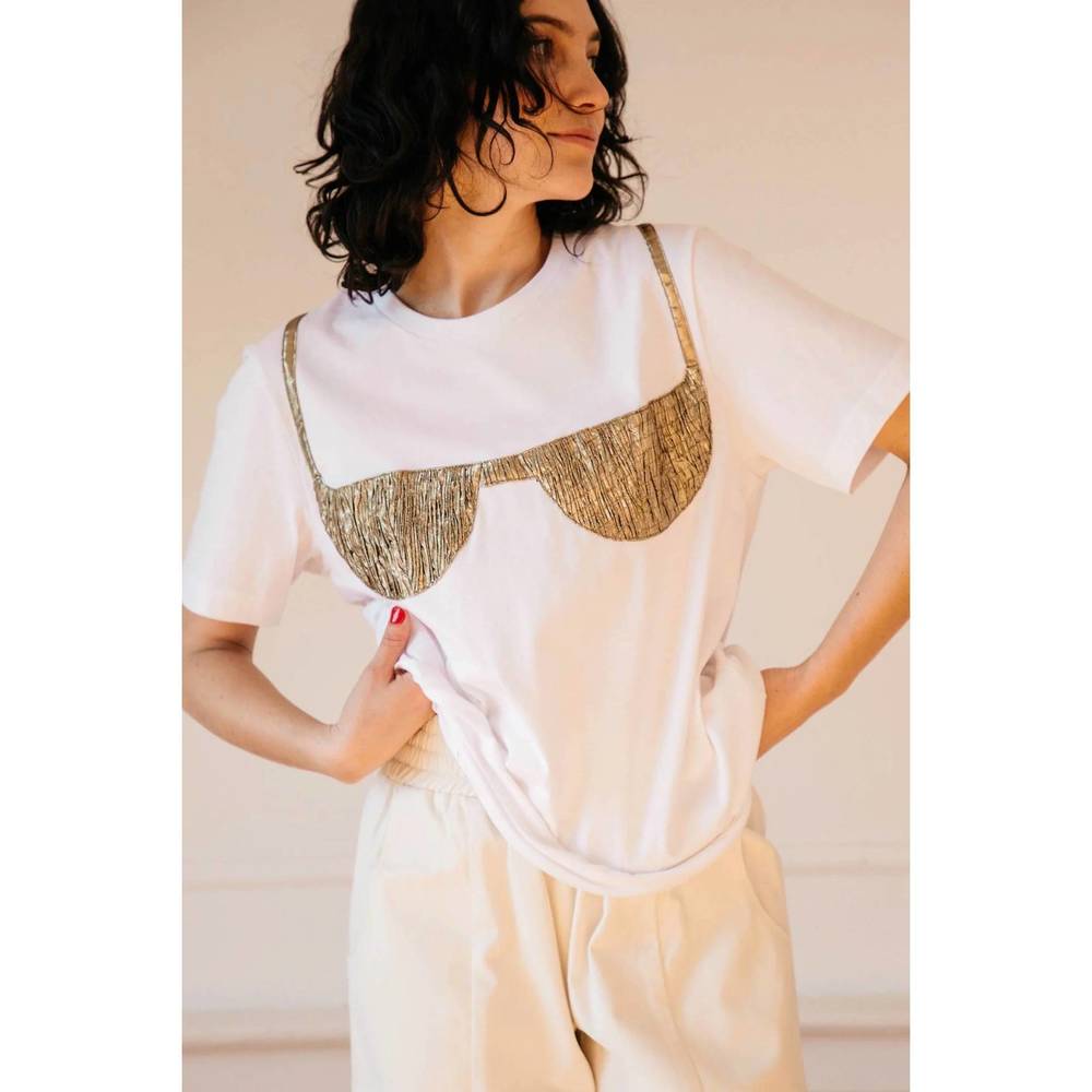 Women's White Short Sleeve Tee with Gold Appliqué